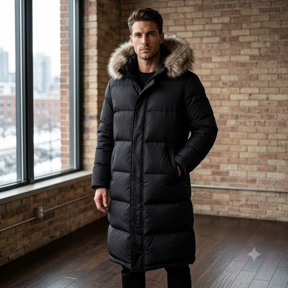 ZARA Black Full Length Long Puffer Coat Men's L Faux Fur Hood Winter Jacket